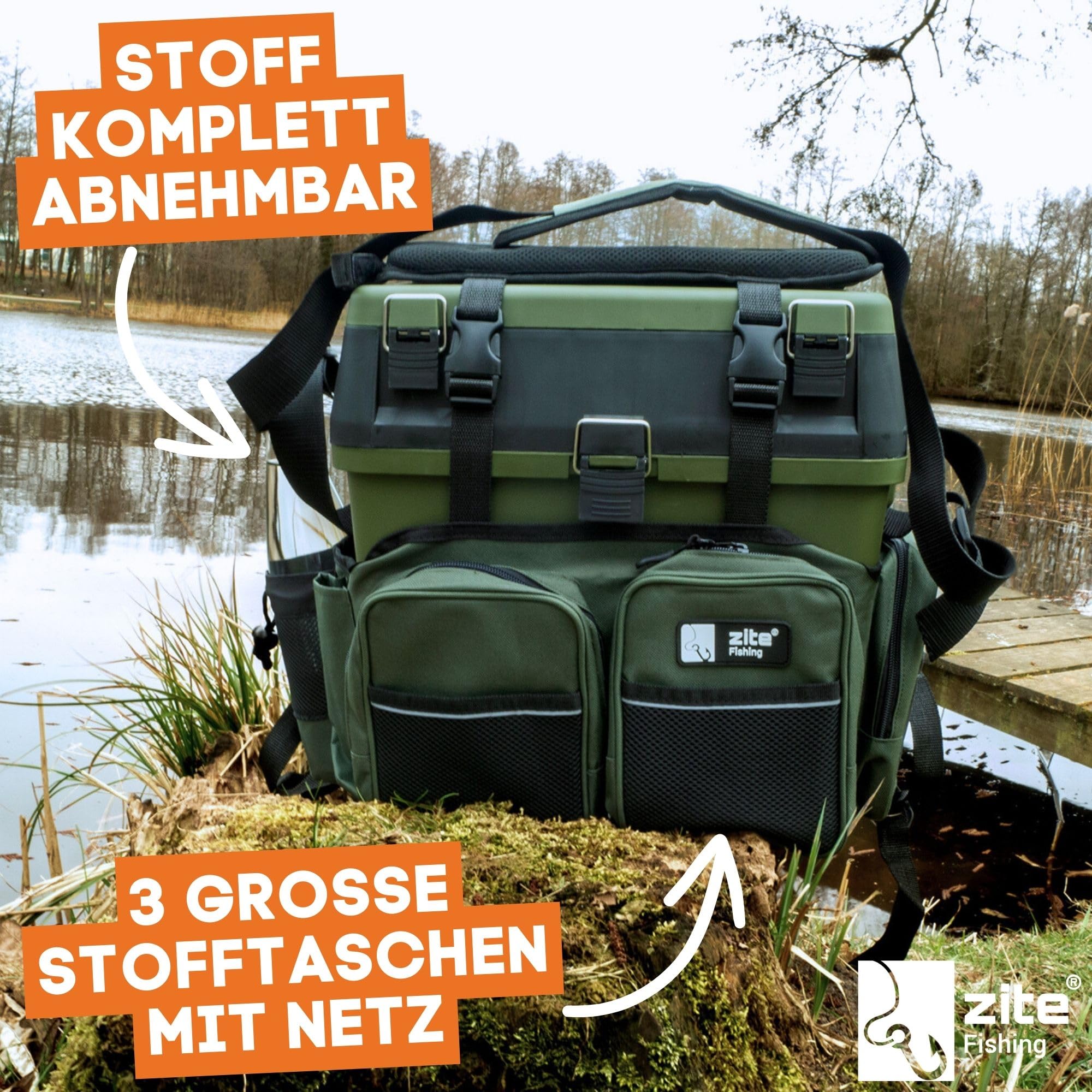 Zite Fishing [Multi Angelkoffer-Rucksack & Sitz-Kiepe in 1] Angeltasche inklusive 4x Tackle-Angelbox für Angelzubehör im Deckel, Angeltasche