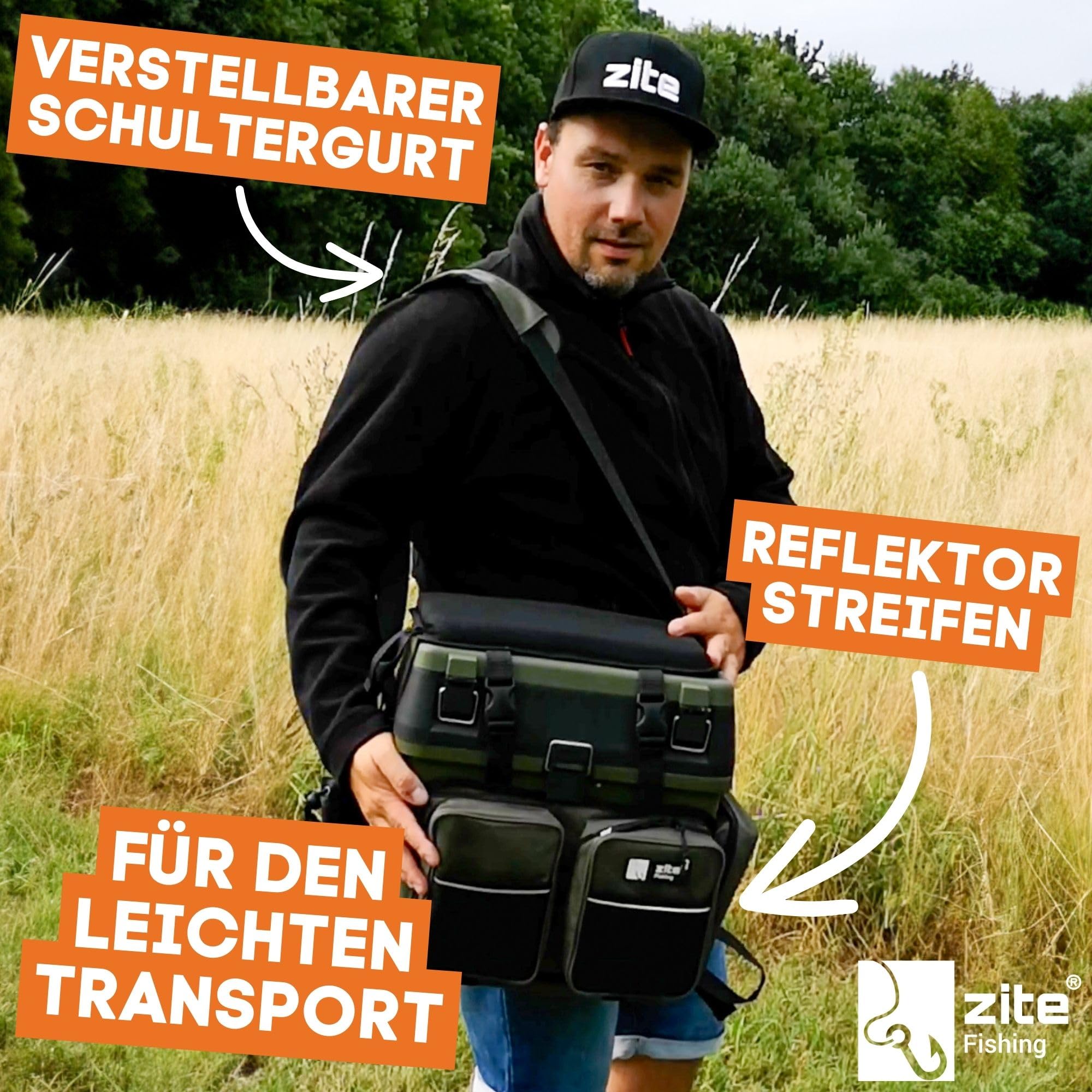 Zite Fishing [Multi Angelkoffer-Rucksack & Sitz-Kiepe in 1] Angeltasche inklusive 4x Tackle-Angelbox für Angelzubehör im Deckel, Angeltasche
