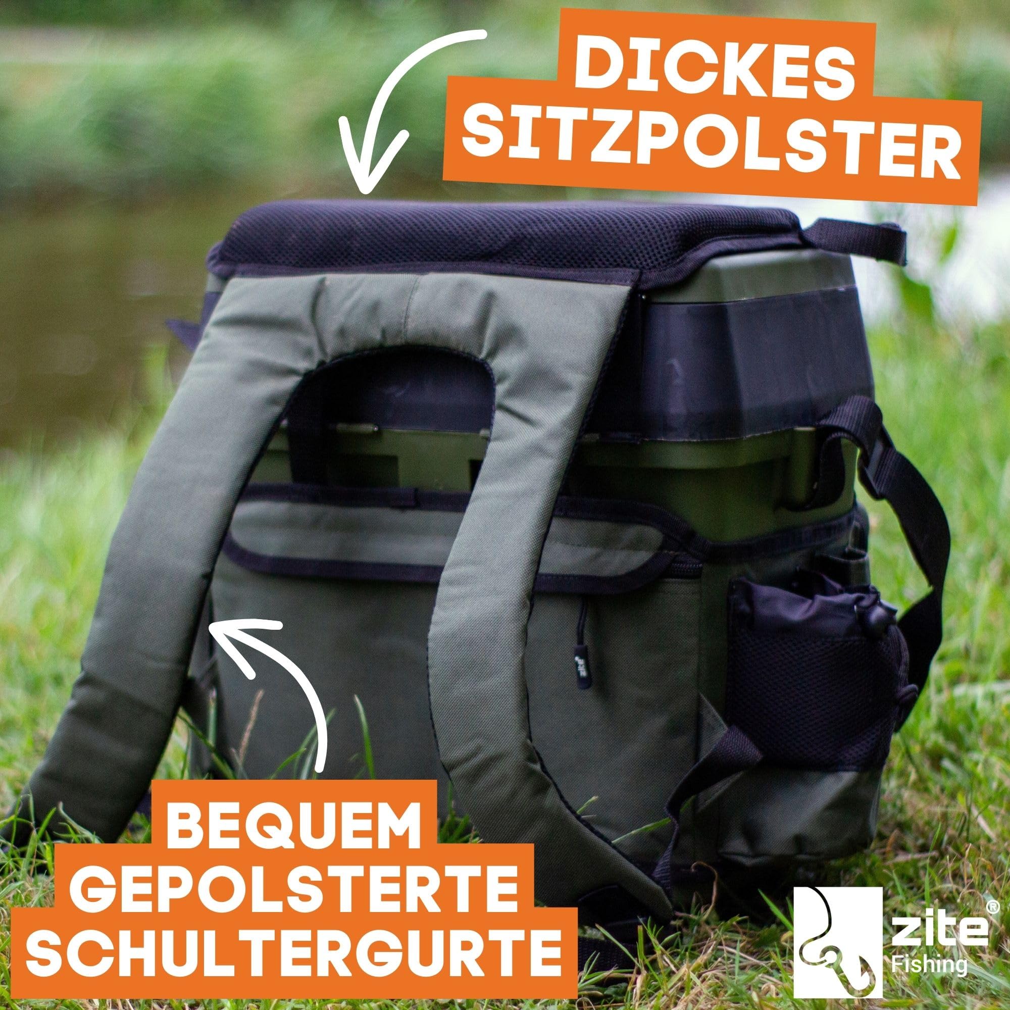 Zite Fishing [Multi Angelkoffer-Rucksack & Sitz-Kiepe in 1] Angeltasche inklusive 4x Tackle-Angelbox für Angelzubehör im Deckel, Angeltasche
