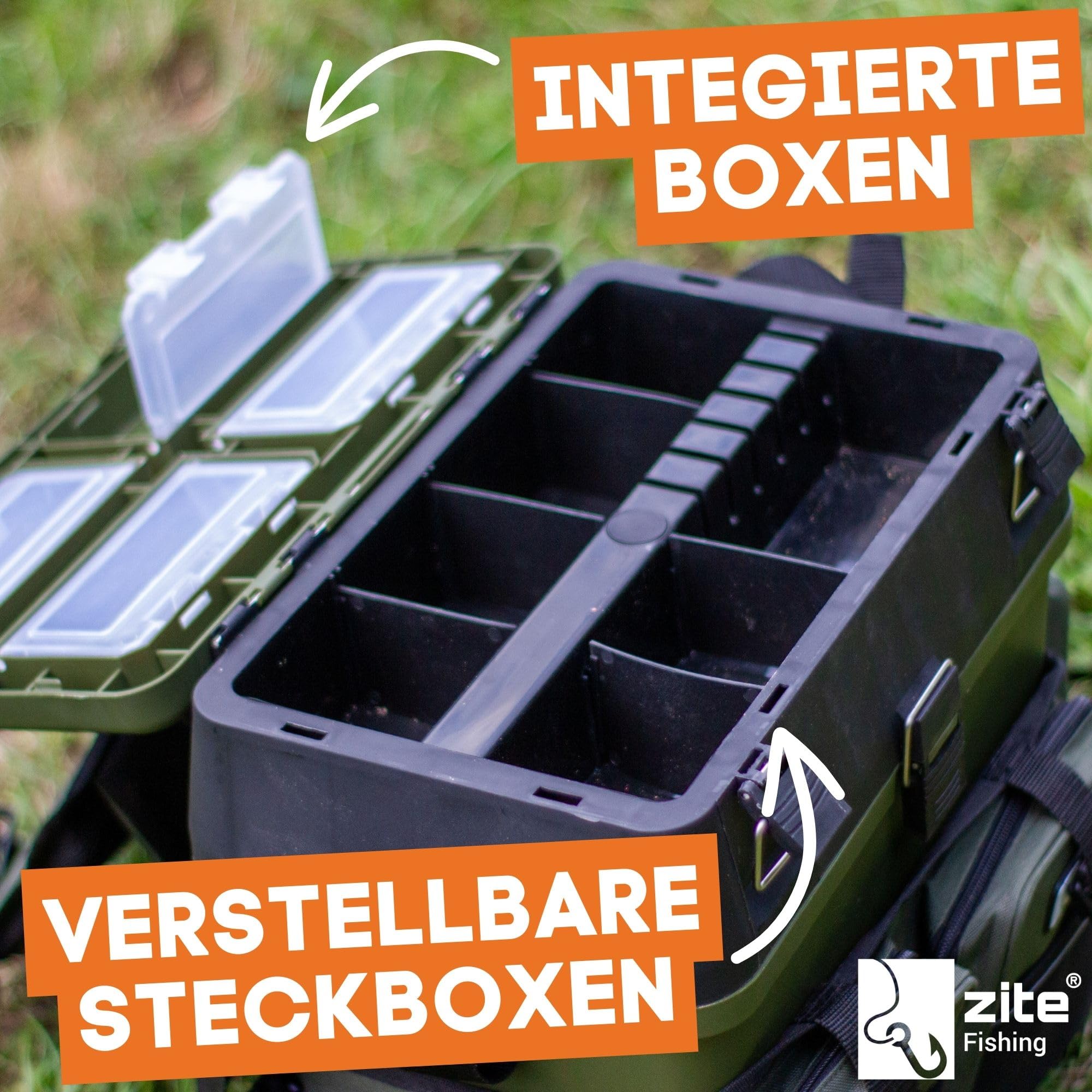 Zite Fishing [Multi Angelkoffer-Rucksack & Sitz-Kiepe in 1] Angeltasche inklusive 4x Tackle-Angelbox für Angelzubehör im Deckel, Angeltasche
