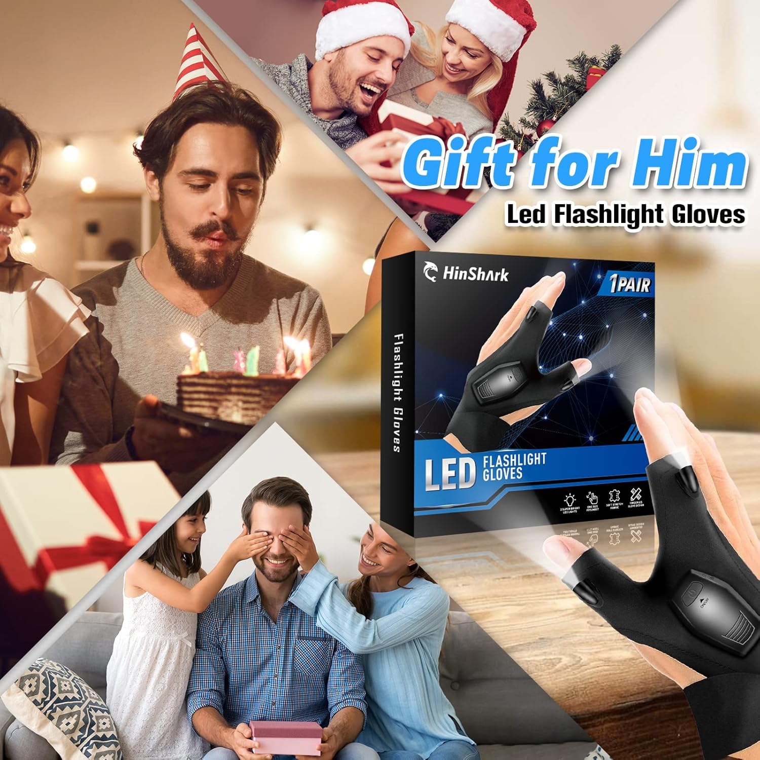 Hinshark Geschenke für Männer, Handschuhe mit Licht Angelzubehör, Männergeschenke, Geburtstagsgeschenk Gadgets für Männer Geschenke für Papa